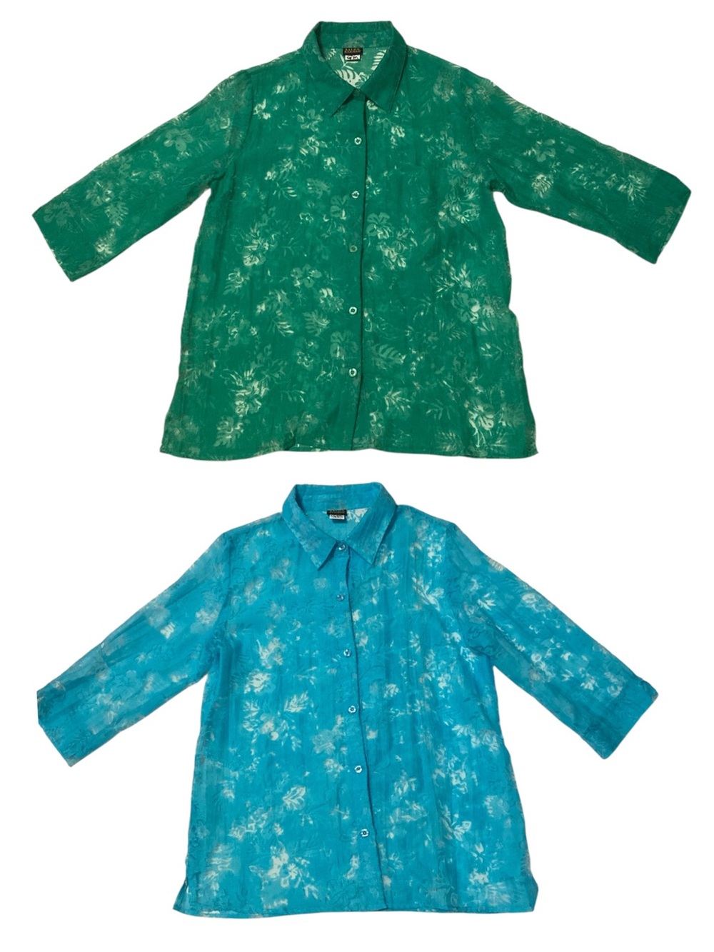 2 Salon Studio M Sheer Button Up Tops Blue, Green Floral Lace No Camis Included